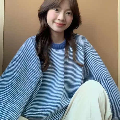 Korean style lazy college style contrast striped blue sweater for women in autumn and winter thickened round neck pullover loose soft waxy top