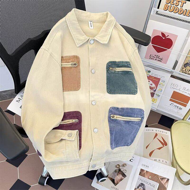 American retro contrast color multi-pocket denim jacket for men and women loose design work jacket top