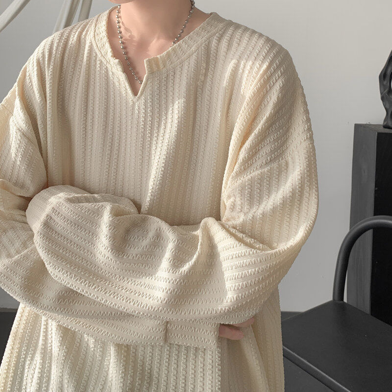 American style V-neck textured long T-shirt sweatshirt