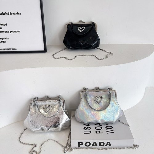 Colorful laser PU small bag, fashionable pleated clip bag, sweet love beading, portable evening bag, chain crossbody