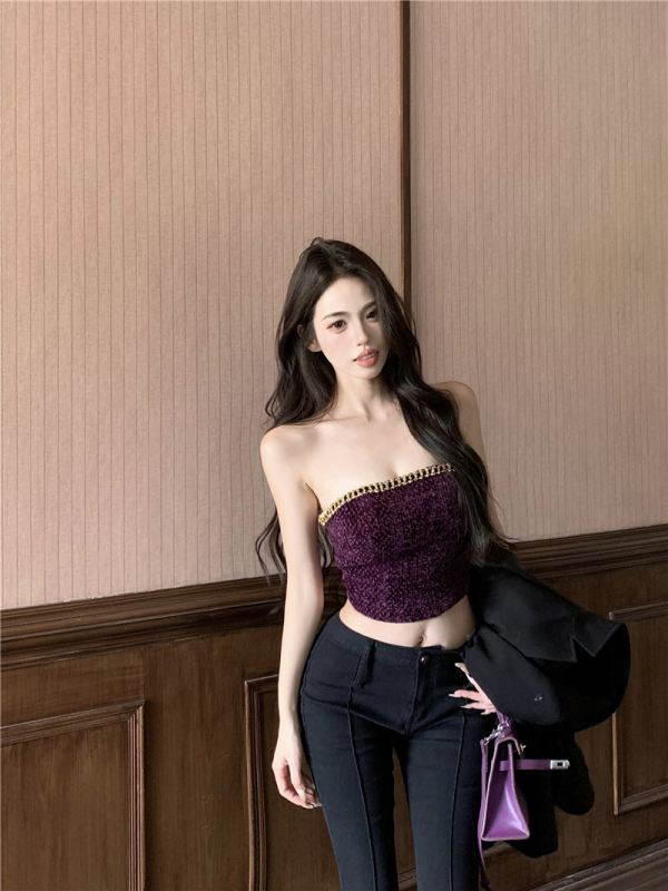 Purple Feather Meteor Heavy Industry Diamond-encrusted Tube Top Lightly Luxurious Sexy Backless Top