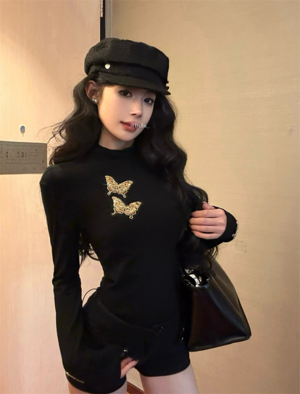 French half turtleneck heavy industry butterfly high-end slim brushed plus velvet long-sleeved bottoming T-shirt top