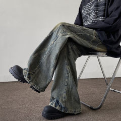 American vibe high street retro jeans men's loose straight pants design casual trousers