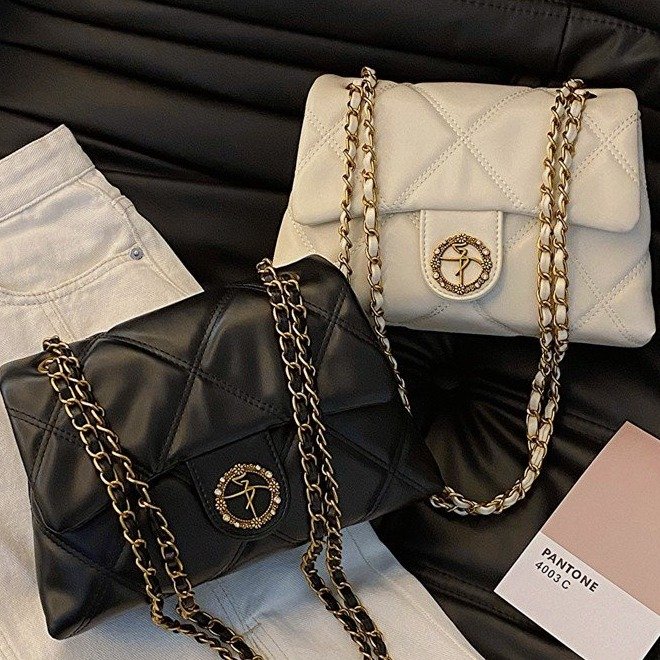Diamond chain bag for women 2024 new retro versatile single shoulder crossbody bag high-end double-layer PU leather small square bag