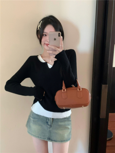 Apricot gentle style ins soft waxy fake two-piece knitted sweater base niche chic inner top