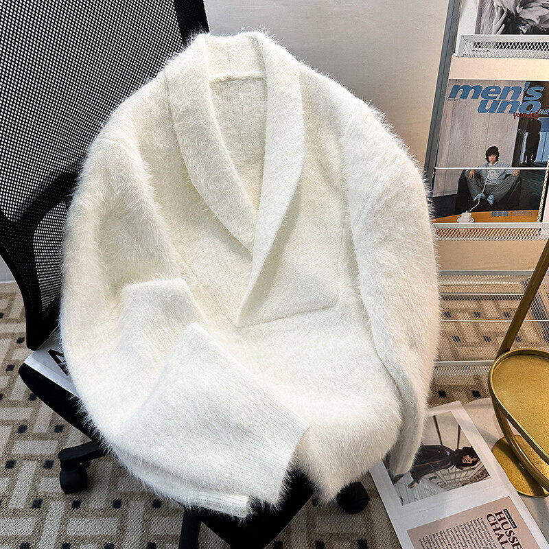 Autumn and winter trendy brand niche casual suit collar design mink velvet sweater