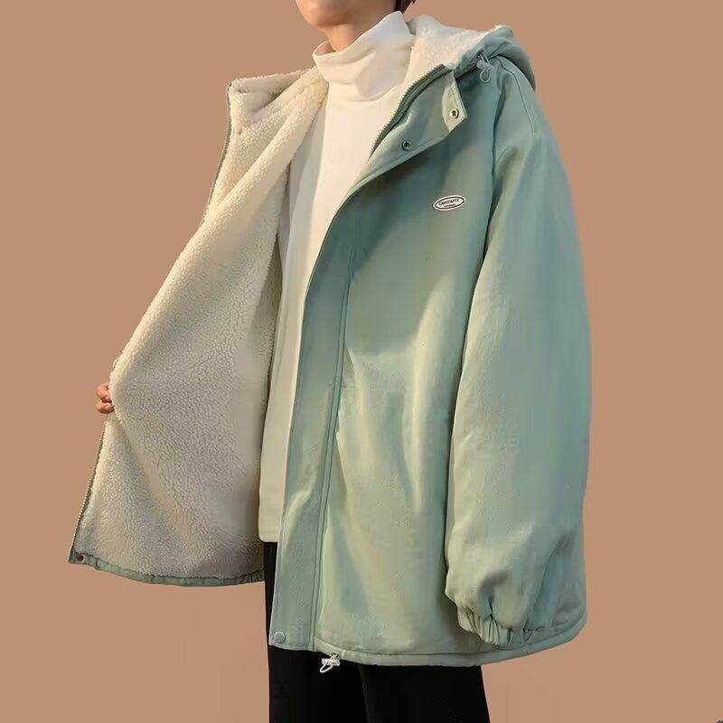 Autumn and winter lamb velvet cotton coat men's thickened hooded trendy brand casual Japanese teenagers loose cotton coat