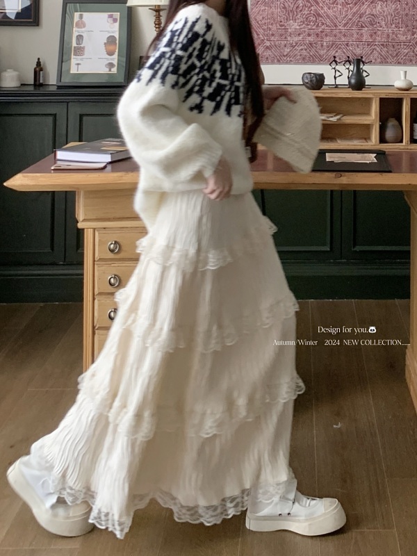 Velvet skirt for women, gentle ballet style fairy cake skirt, A-line lace splicing long skirt, tutu skirt, winter