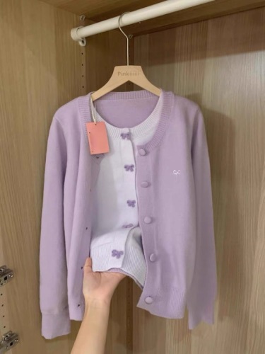 Purple bow fake two-piece knitted cardigan top for women in autumn and winter, unique and beautiful inner layering long-sleeved sweater