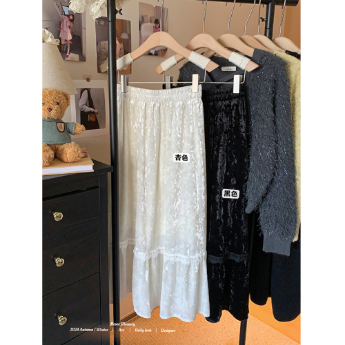 Winter thick soft velvet skirt sweet long skirt elastic waist lace skirt