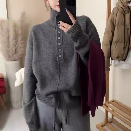 Korean simple and gentle style half-open button sweater for women in autumn and winter new solid color inner wear long-sleeved sweater