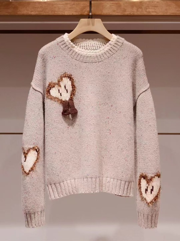 Colorful yarn love embroidered round neck pullover sweater for women 2024 autumn and winter new Korean style lazy style versatile knitted top