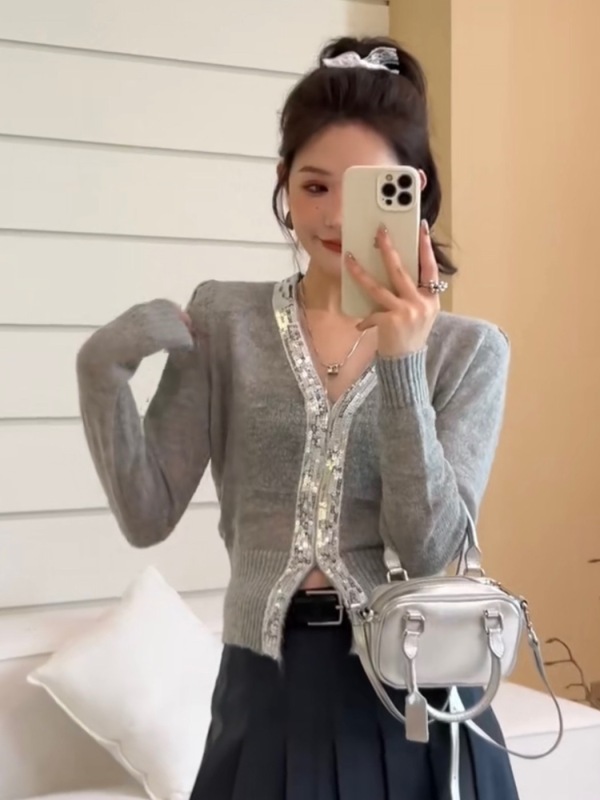 French style V-neck sequined long-sleeved wool sweater autumn waist single-breasted pullover sweater