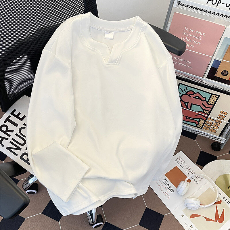 New Henry collar textured V-neck German velvet bottoming shirt ins long-sleeved youth trend