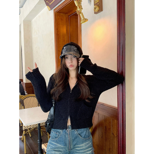 Lazy sweater Teddy velvet hooded double zipper knitted cardigan jacket