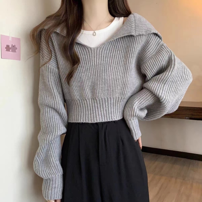 Korean style V-shaped navy neck sweater pure lust style versatile slimming short knitted top