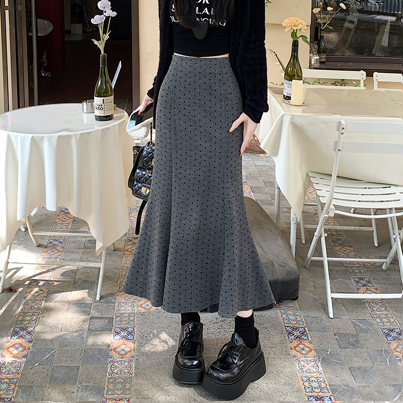 New retro polka-dot fishtail skirt for women high-waisted slimming butt-covering woolen mid-length skirt