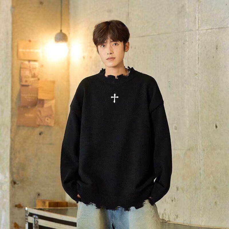 Designed embroidered sweaters for men and women, Korean style trendy ripped and handsome autumn and winter ins sweaters