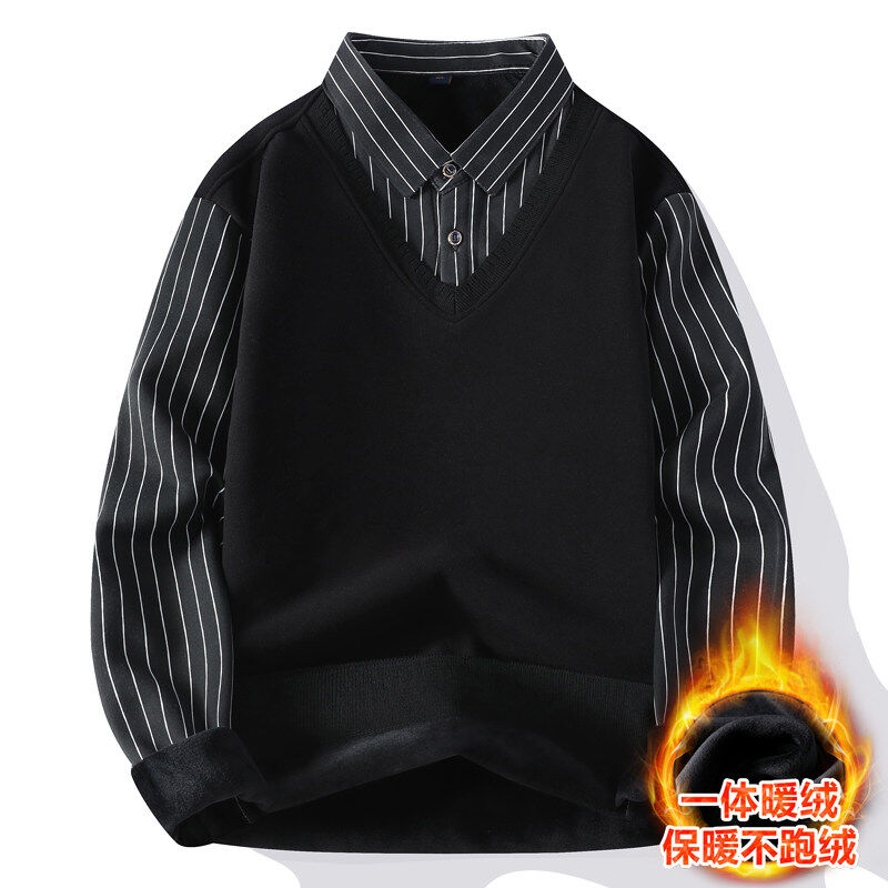 Winter fleece sweater men's high quality shirt collar business casual knitted fake two-piece bottoming shirt