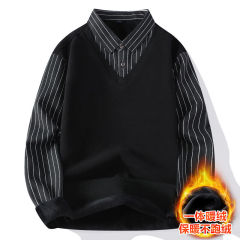 Winter fleece sweater men's high quality shirt collar business casual knitted fake two-piece bottoming shirt