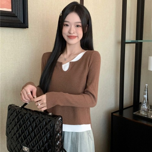 Apricot gentle style ins soft waxy fake two-piece knitted sweater base niche chic inner top