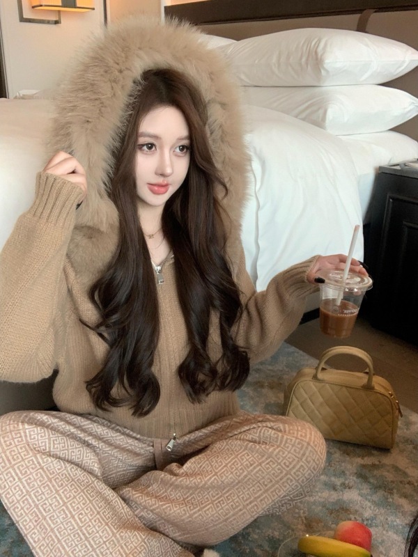 New winter imitation fox fur oversized fur collar knitted sweater hooded cardigan casual jacket women's short style