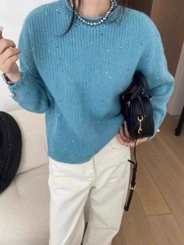 Heavy industry, high-end and super good-looking lake blue sequined beaded knitted sweater jacket for women 2024 new autumn and winter