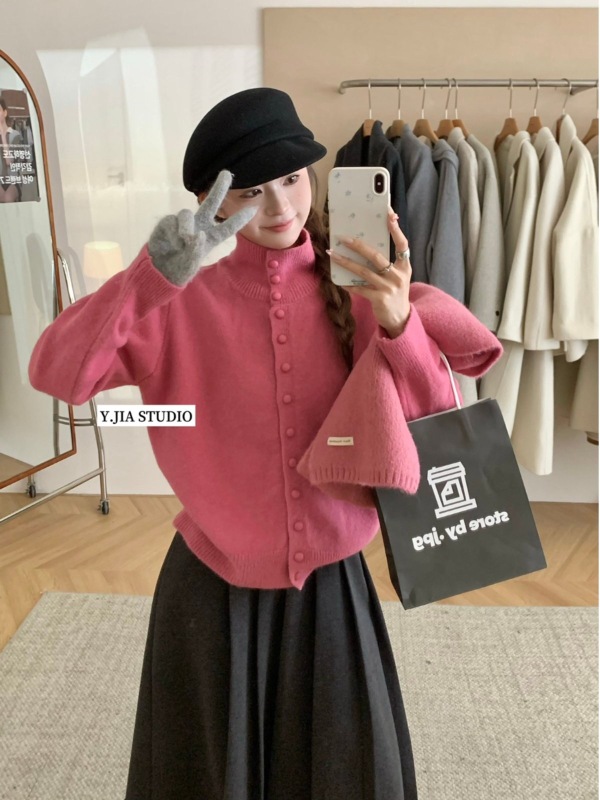 Stand collar single-breasted casual sweater new winter Korean style loose solid color slimming wool sweater
