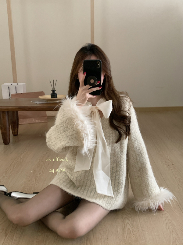 New winter long-sleeved versatile wool sweater with fur sleeves and bow pullover casual sweater