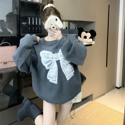 Gray round neck bow pattern sweatshirt for women new winter loose top trendy