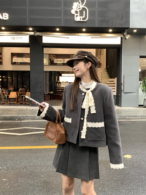 Ladylike temperament lace bow quilted small fragrant coat woolen versatile skirt suit for women