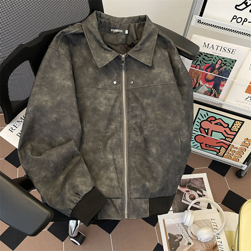 American high street style casual handsome washed distressed pu jacket