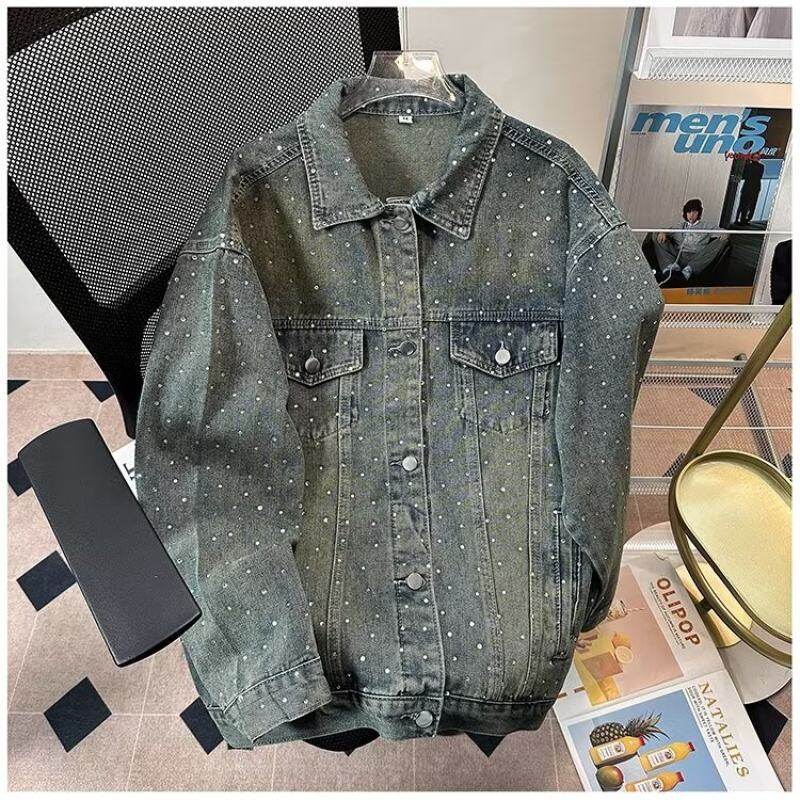 High-end hot diamond jacket men's new autumn workwear denim jacket trendy and loose