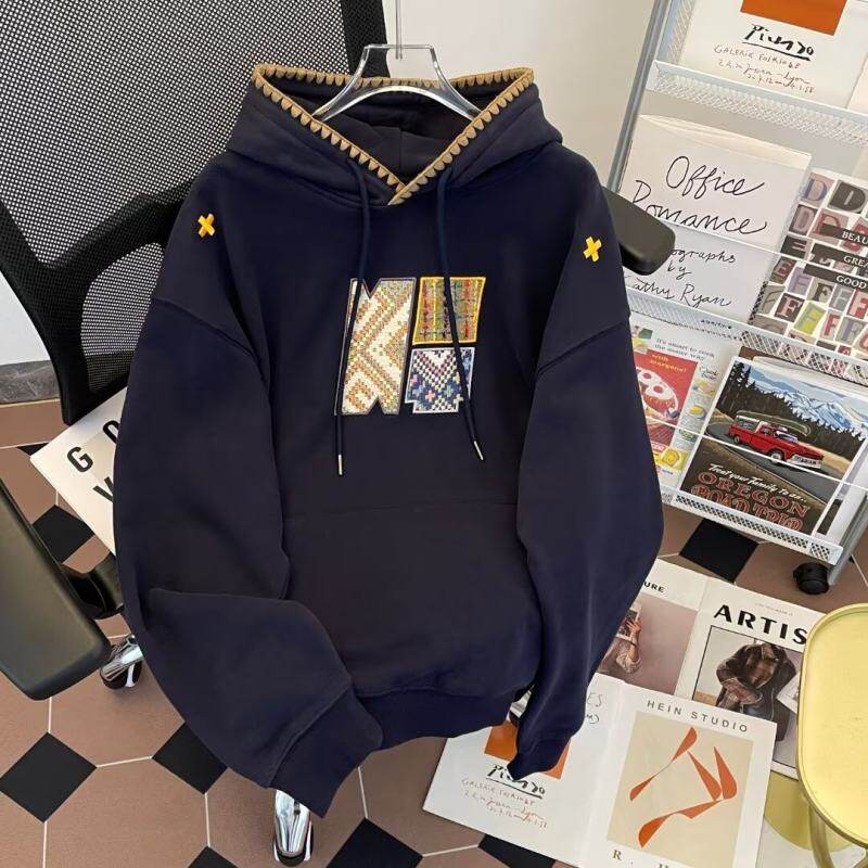 Autumn men's hooded sweatshirt cross towel pattern embroidered loose jacket