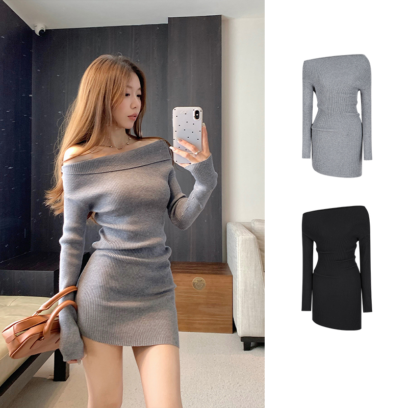 Off-shoulder knitted dress, slim, sexy, pure and versatile skirt