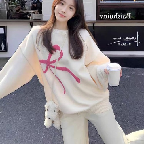 Soft waxy bow sweater for women in autumn and winter Korean style pullover round neck versatile loose lazy style knitted sweater top