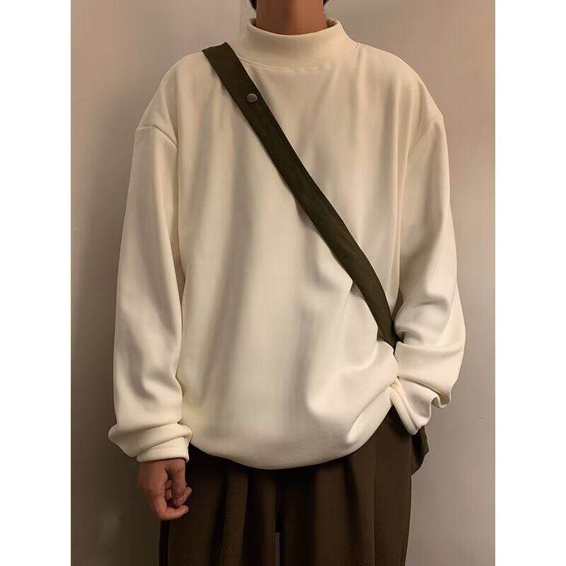Half turtleneck sweatshirt men's velvet thickened winter solid color loose bottoming shirt Hong Kong style bf trend versatile long-sleeved top