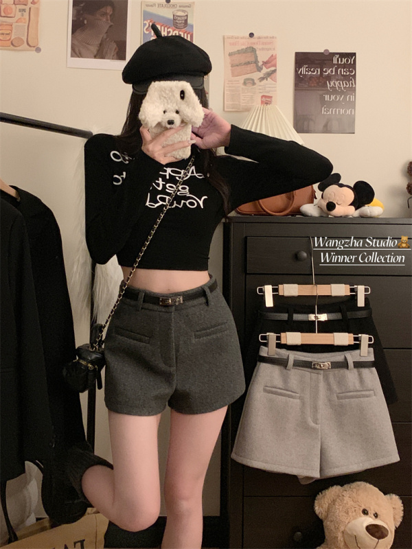 Autumn and winter hot girl solid color woolen A-line shorts, high-end, slim, casual, dark gray hot pants and boot pants