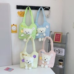 Korean style fresh and cute three-dimensional bear furry hand bag girly heart student outing large capacity shoulder storage bag