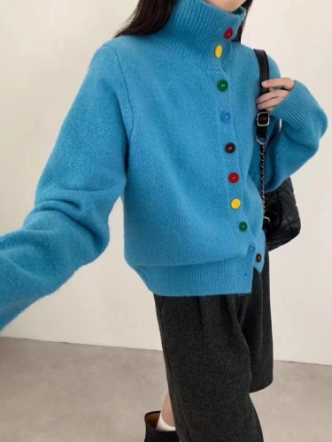 Lazy style high collar rainbow button long sleeve knitted sweater for women new winter design loose thickened warm top