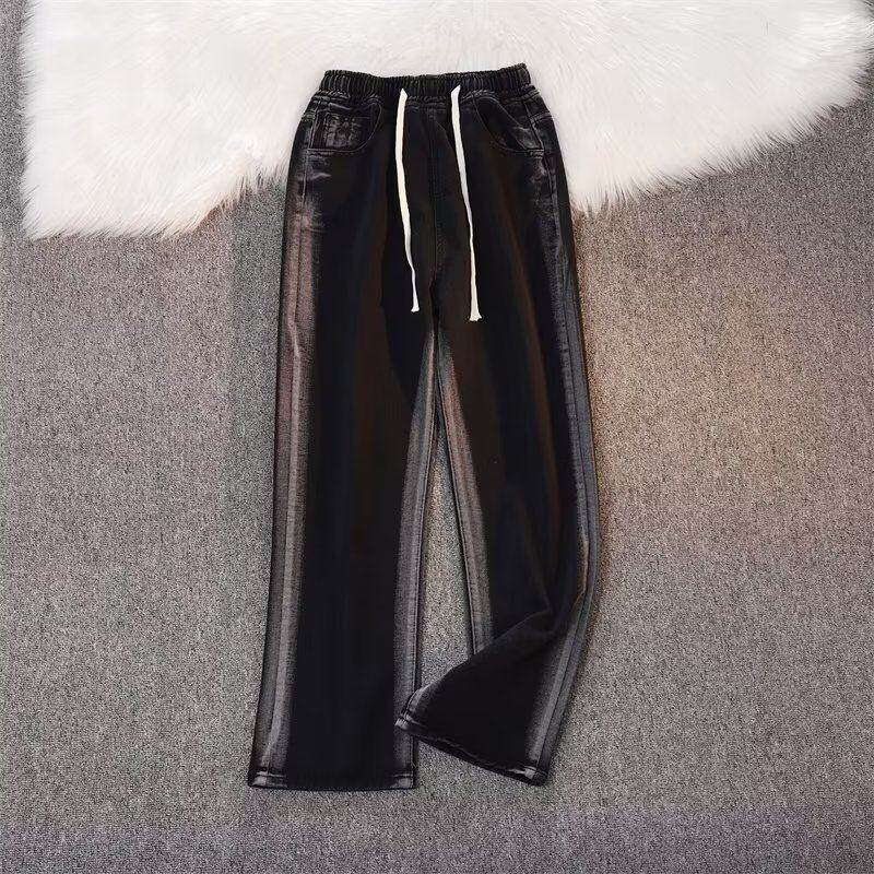 Elastic waist jeans men's ins Harajuku style color-blocked distressed straight pants spring and autumn trendy brand loose wide-leg trousers
