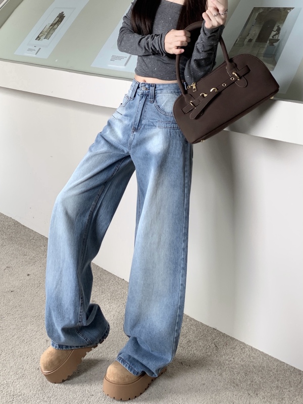 Retro white washed pleated jeans for women summer design embroidered loose straight pants