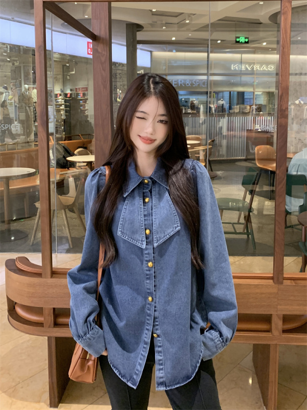 Retro Hong Kong style bow denim shirt autumn and winter new style layered long-sleeved jacket