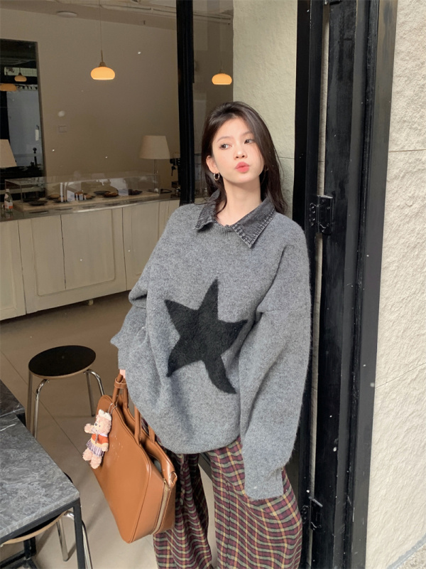 Polo collar fake two-piece patchwork loose lazy star sweater pullover sweater