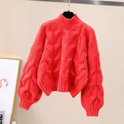 Lantern sleeve round neck twist sweater for women, lazy style autumn and winter new Korean style loose thickened twisted pullover sweater