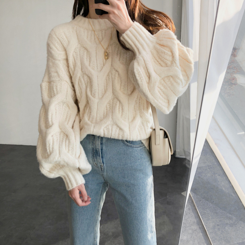 Lantern sleeve round neck twist sweater for women, lazy style autumn and winter new Korean style loose thickened twisted pullover sweater