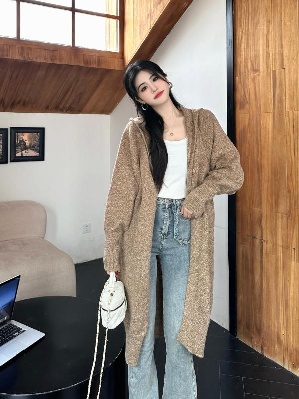 Large size autumn and winter lazy hooded Maillard sweater mid-length knitted cardigan coat versatile sweater jacket