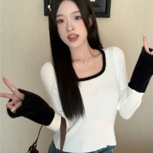 Pure Desire Hot Girl Square Neck Knitted Bottoming Top Women's Autumn and Winter Little Fragrance Style French White Inner Top