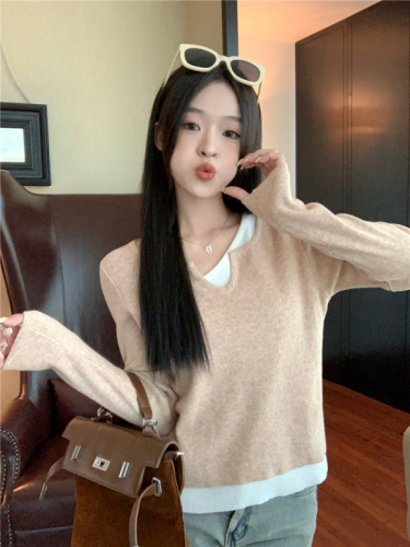 Apricot gentle style ins soft waxy fake two-piece knitted sweater base niche chic inner top