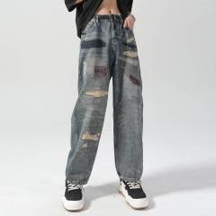 Patch jeans men's street American hip-hop washed distressed straight leg loose dad pants trendy